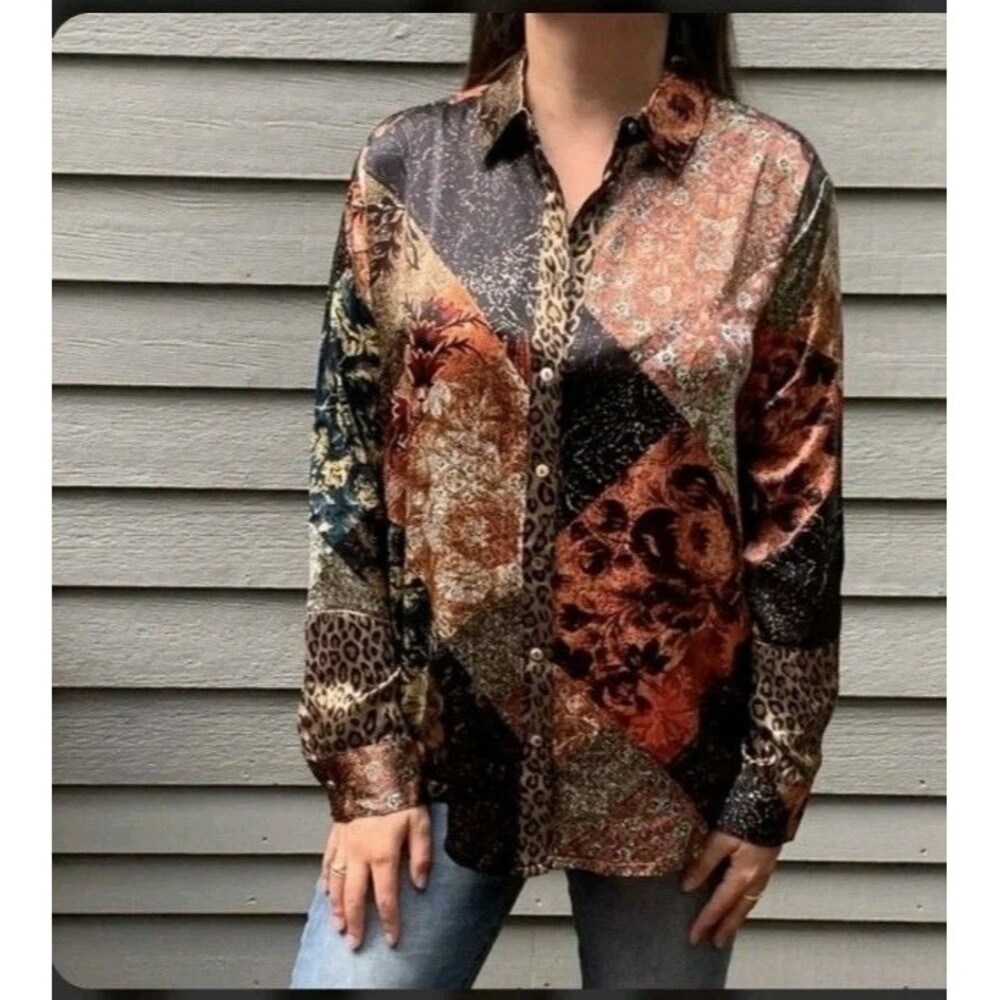 Johnny Was Cheetah Mabel Silk Velvet Back Silk Long Sleeves Blouse Size S